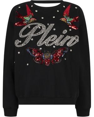 Philipp Plein Hoodies & Sweatvesten ,Zwart ,Katoen Open Back Sweatshirt Tattoo Strass