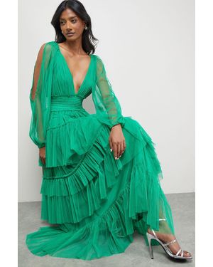 Warehouse Tulle Long Sleeve Cinched Waist Maxi Dress - Green