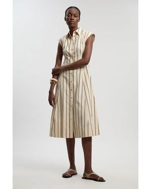 Karen Millen Petite Mono Stripe Cotton Top Stitch Woven Midi Shirt Dress - Natural