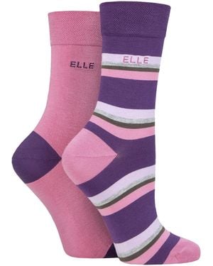Elle 2 Pack Ladies Striped And Plain Bamboo Socks - Purple