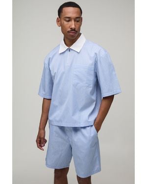 BoohooMAN Contrast Collar 1/4 Zip Shirt & Short Set - Blue