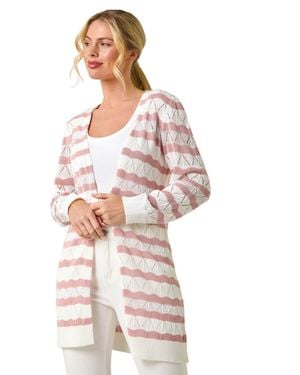 Roman Petite Stripe Pointelle Knit Cardigan - White