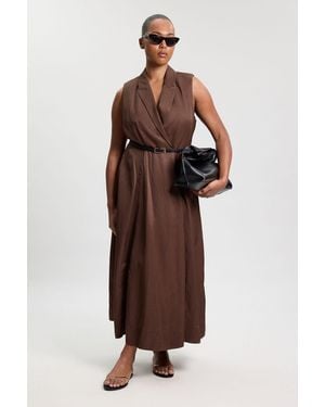 Karen Millen Plus Size Premium Viscose Linen Tailored Belted Full Skirted Midi Dress - Brown