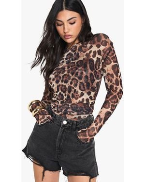 Boohoo Leopard Mesh Flare Sleeve Cross Over One Piece - Multicolour