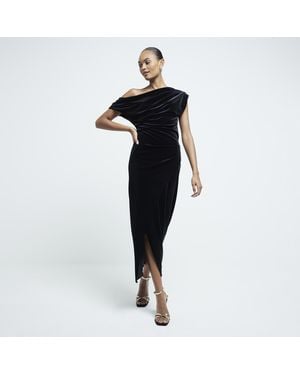 River Island Velvet Drape Midi Dress - Black