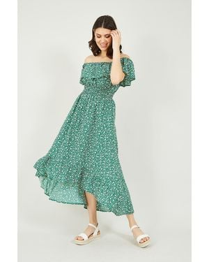 Mela London Ditsy Daisy Printed Dipped Hem Bardot Dress - Green