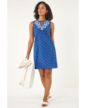 Roman Embroidered Polka Dot Mini Dress - Blue