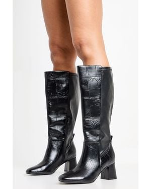 Boohoo Wide Fit Stretch Knee High Flared Block Heeled Boots - Black
