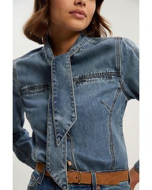 Karen Millen Denim Pussy Bow Blouse - Blue