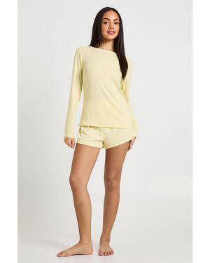 Boohoo Pointelle Long Sleeve Top And Short Pyjama Set - Natural