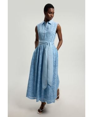 Karen Millen Petite Cotton Broderie Scalloped Hem Sleeveless Shirt Dress - Blue