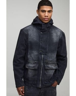 BoohooMAN Oversized Funnel Neck Crinkle Acid Wash Jacket - Blue
