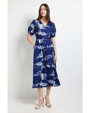 PRINCIPLES Pleated Sleeve Belted Midi Dress - Blue