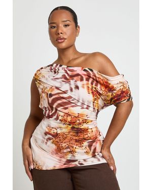 Boohoo Plus Floral Print Cap Sleeve Ruched Top - Orange