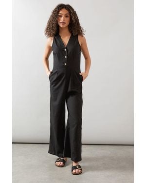 Wallis Linen Mix Button Detail Jumpsuit - Black
