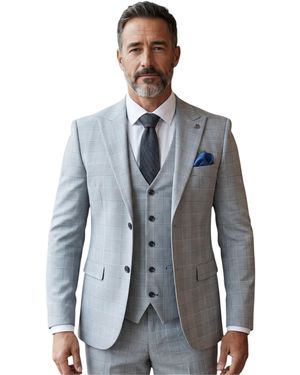 Paul Andrew Check 3 Piece Suit Tailored Fit Formal - Blue