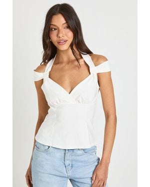 Boohoo Bengaline Halterneck Off The Shoulder Corset Top - White