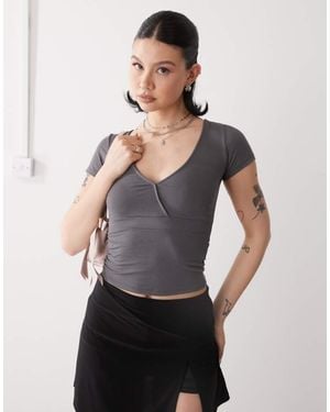 Motel Machiko Plunge Front Wrap Top - Grey