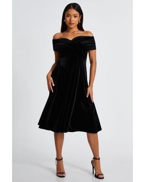 Quiz Petite Velvet Bardot Midi Dress - Black