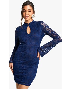Boohoo Lace Keyhole Flare Sleeve Mini Dress - Blue