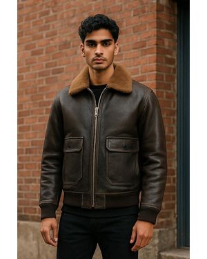 Infinity Leather Bomber Sheepskin Collar G-1 Pilot Jacket - Black
