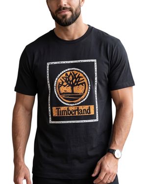 Timberland T Shirts Tree Print Classic Logo Summer Cotton Crew Neck Top - Black