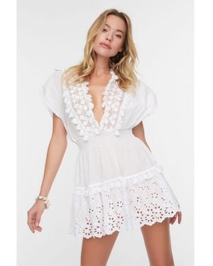 Trendyol V Neck Smock Mini Dress Cotton - White