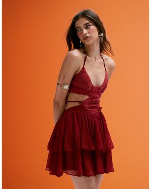 ASOS Crochet And Faux Suede Bust Cut Out Mini Dress With Tiered Skirt - Orange