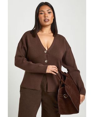 Boohoo Plus Button Split Hem Compact Knit Cardigan - Brown