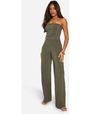 Boohoo Belt Trim Bandeau Wide Leg Jumpsuit - Green
