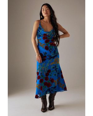 Warehouse Petite Premium Burnout Cowl Neck Strappy Midi Slip Dress - Blue