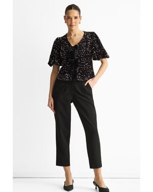 Gini London Velvet Sequin Bow Front Bubble Sleeve Top - Black