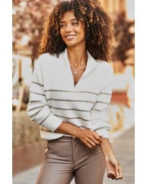 Sosandar Ivory & Taupe Stripe Quarter Zip Jumper - Grey