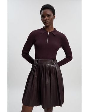 Karen Millen Knitted Zip Neck Pu Mix Pleated Mini Dress - Purple
