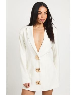 Boohoo Large Button Trim Blazer Dress - White