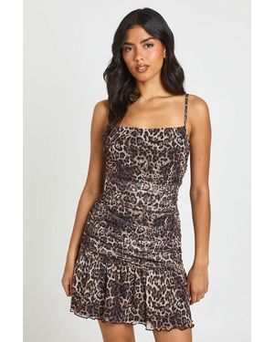 Boohoo Leopard Print Ruched Strappy Mini Dress - White