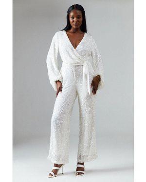 Coast Chiffon Tie Balloon Sleeve Sequin Bridal Jumpsuit - Grey