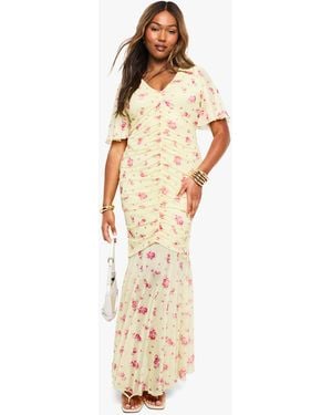 Boohoo Plus Floral Mesh Ruched Angel Sleeve Mini Dress - Yellow