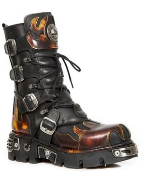 New Rock Flame Accented/ Leather Boots- 591-S1 - Black