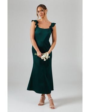 Oasis Ruffle Square Neck Satin Bridesmaids Midi Dress - Green