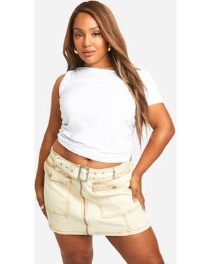 Boohoo Plus Washed Denim Belt Mini Skirt - White