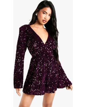 Boohoo Velvet Sequin Flare Sleeve Playsuit - Purple