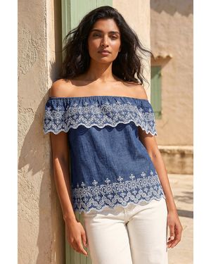 Roman Embroidery Detail Bardot Top - Blue