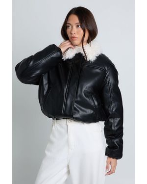 Boohoo Faux Fur Collar Leather Bomber Jacket - Black