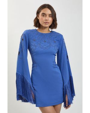Karen Millen Fringe Detail Beaded Mini Dress - Blue