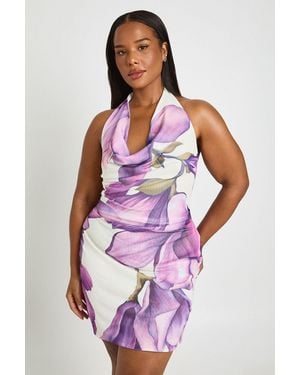Boohoo Plus Floral Mesh High Cowl Mini Dress - Purple
