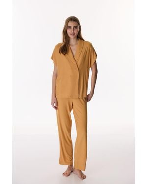Penti Cinnamon Margot Ribbed Short-Sleeve Trousers Pyjama Set - Yellow