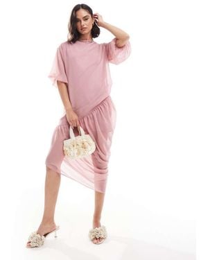 ASOS Slash Neck Gathered Asym Midi Dress - Pink