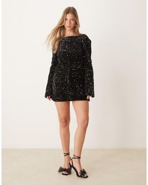 Gina Tricot Flared Sleeves Low Back Sequin Mini Dress - Black