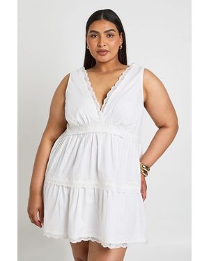 Boohoo Plus Lace Insert Tiered Smock Dress - White